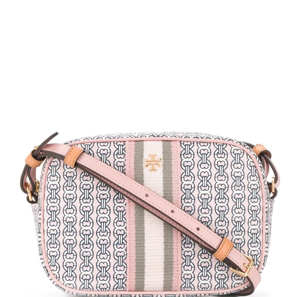 Tory Burch Pink and Brown Crossbody Bag with Gold Accents